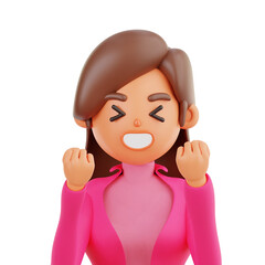 PNG 3D Happy Woman Celebrating with Fists Raised Icon Isolated on a White Background