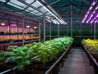 Cultivating Growth: Inside a modern greenhouse, rows of vibrant plants flourish under the controlled conditions. The image captures a sense of growth and progress.