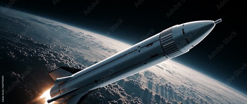 Wall mural anamorphic video rocket in space with earth background. view from space. the rocket flies and rotate