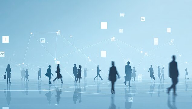 Silhouettes of people walking in a network