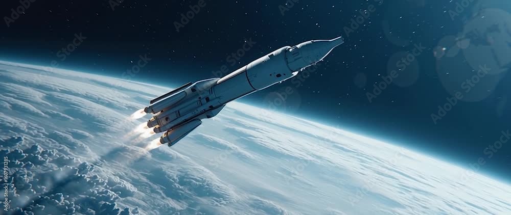Wall mural anamorphic video rocket in space with earth background. view from space. the rocket flies and rotate