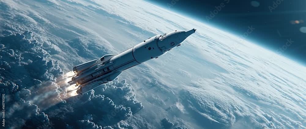 Canvas Prints anamorphic video rocket in space with earth background. view from space. the rocket flies and rotate