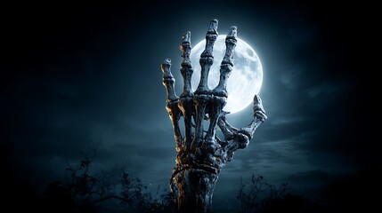 A skeletal hand reaching towards a bright full moon in a dark and eerie night time landscape scene