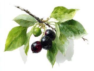 Watercolor painting of a branch with ripe black berries and green leaves isolated on a white background art.