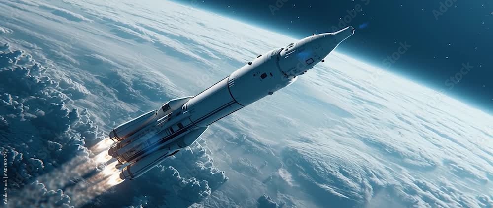 Wall mural anamorphic video rocket in space with earth background. view from space. the rocket flies and rotate