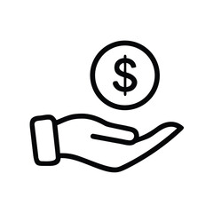 Hand Holding Dollar Coin Icon Vector - Financial Support Line Art Illustration