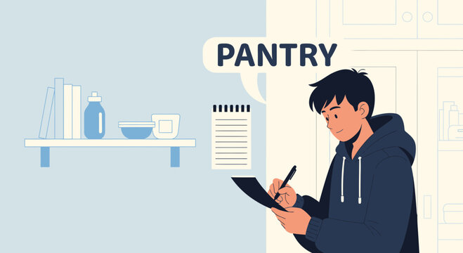 Young Man Making Grocery List For Pantry Organization In Kitchen Interior