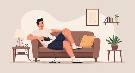 Fototapeta premium Young Man Relaxing On Sofa While Playing Video Games At Home