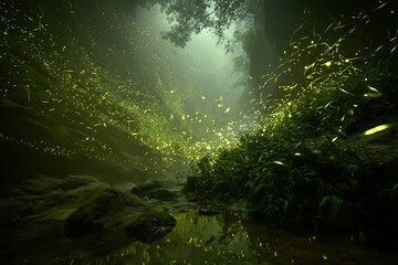 A magical forest scene with fireflies illuminating a stream surrounded by lush green vegetation and rocks