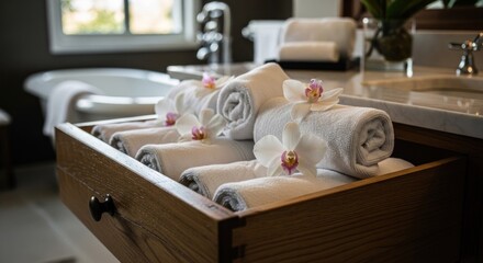 Elegant bathroom with towels and orchids in a wooden drawer