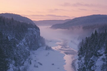 The misty pine forest is bathed in golden light as sunrise touches the snowy mountain valley
