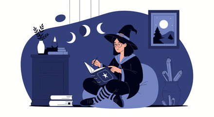 Young Witch Learning Spells in Her Room with Moon Phases and Magic Elements