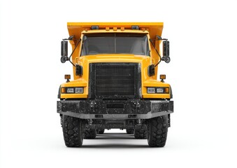 Bright yellow dump truck, front view