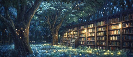 Forest library in an enchanting setting, illuminated by glowing lanterns and bookshelves