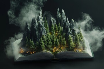 When the book is opened, a mystical forest scene is revealed, enveloped in mist and set against a backdrop of mountains