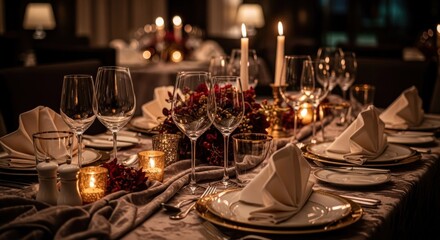 Elegantly set table for a formal dinner, candles and glassware shimmering