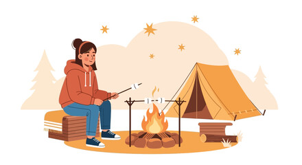 Obraz premium Young Woman Enjoying A Cozy Camping Trip Roasting Marshmallows By The Fire