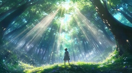 A ray of sunlight pierces the dense forest treetops, casting long shadows upon the vibrant undergrowth, evoking a sense of tranquility and magic