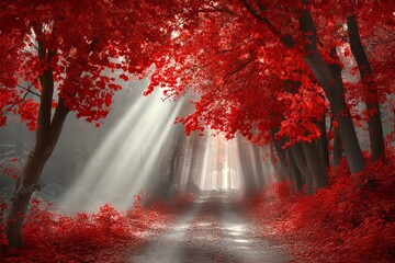 In the forest landscape, magical sun rays shine. The forest is filled with lovely autumn hues