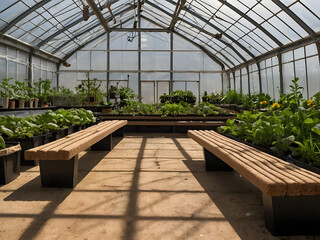 Fototapeta premium Greenhouse Serenity: A sun-drenched greenhouse with lush greenery and inviting benches offers a tranquil oasis for botanical exploration and horticultural delight.