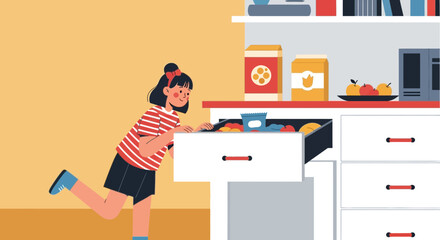 Young Woman Looking for a Snack in a Kitchen Drawer Cartoon Illustration