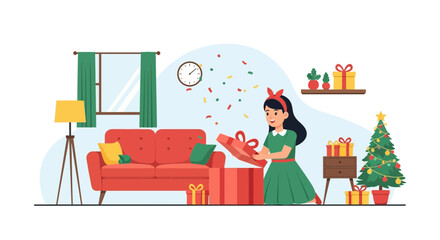 Obraz premium Young Woman Opens a Gift Box in the Living Room During Christmas Time