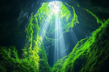 Mystical tropical forest teems with lush, vibrant jungle plants and flowers, creating a fantastic, enigmatic backdrop