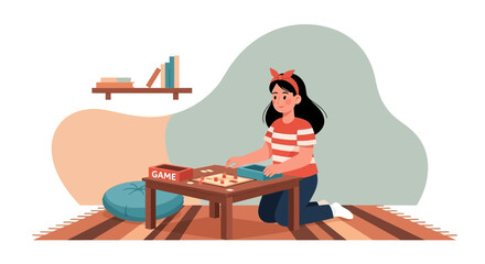 Fototapeta premium Young Woman Playing Board Game at Home Enjoying a Relaxing Indoor Hobby