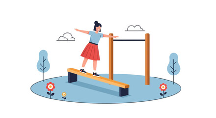 Young Woman Practices Balance On A Low Beam In An Outdoor Playground Setting