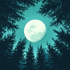 Nighttime scene of a lush coniferous forest, illustrated as a modern graphic