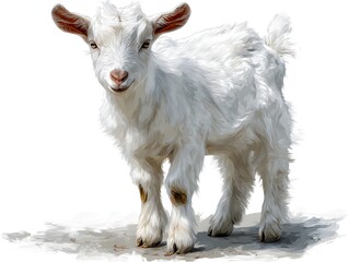 Fototapeta premium A cute fluffy white baby goat stands calmly on a white surface looking directly towards the camera view.