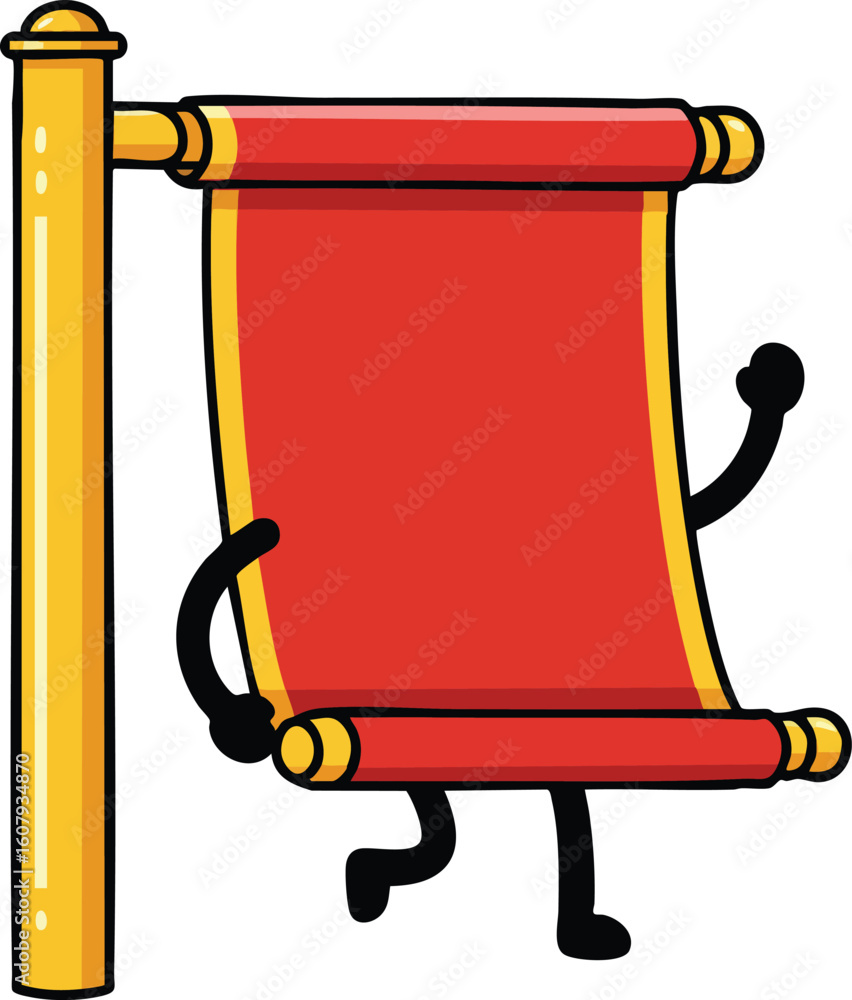 Poster animated red scroll banner with arms and legs character waving and walking vector illustration