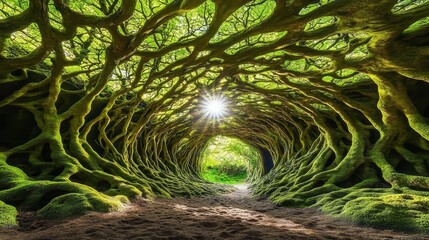 Enchanting fairytale forest, with its coniferous trees blanketed in green moss, creating an otherworldly atmosphere
