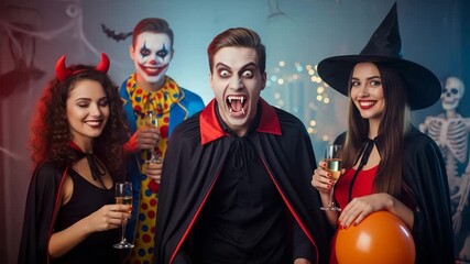 A group of friends in halloween costumes including a vampire witch and clown enjoy drinks at a spooky party