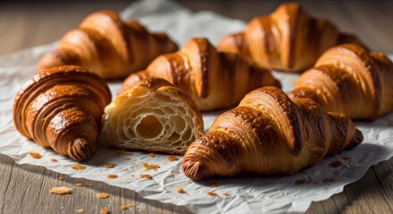 Flaky croissants on paper, some halved, on rustic wooden table
