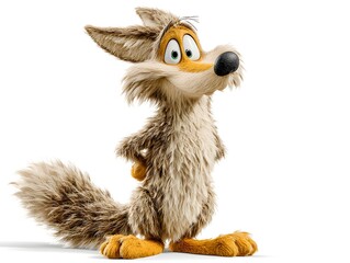 Adorable cartoon coyote character poses with a quirky expression looking to the upper left on white backdrop.