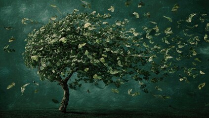 Green tree with money leaves in a dark teal background