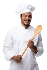 Hispanic chef in white uniform holding wooden spoon isolated on transparent background with smile. 