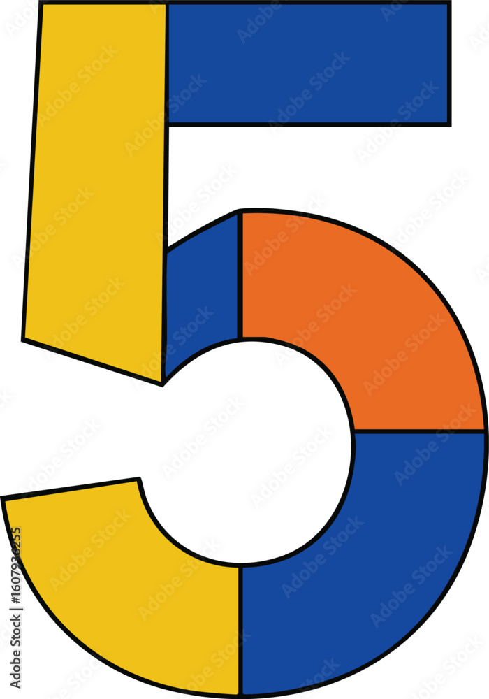 Poster number five colorful segmented design with blue orange and yellow sections vector illustration for c