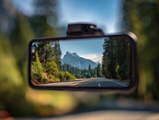 Fototapeta premium Scenic mountain road view reflected in a car's smartphone-mounted rearview mirror