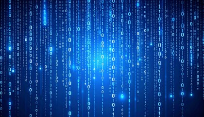 Digital binary code streams cascading down a dark blue background