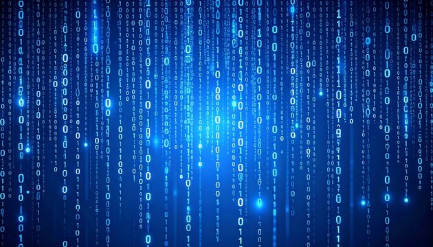 Digital binary code streams cascading down a dark blue background