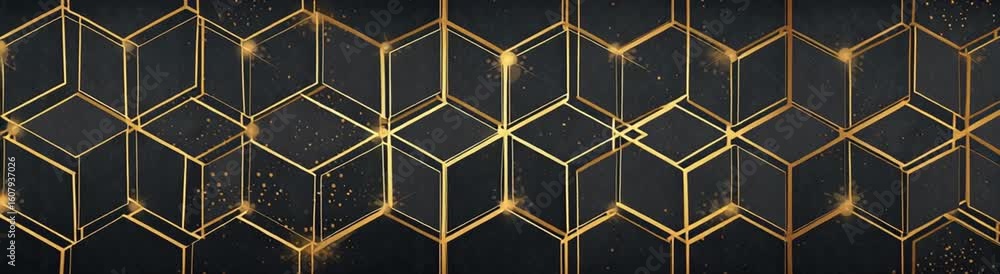 Poster dark background with a golden geometric hexagon pattern, a simple and elegant style, a symmetrical c