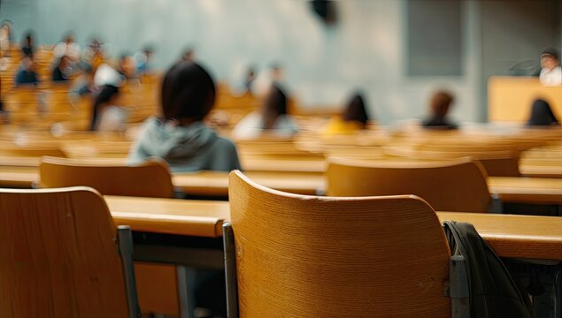 Blurred view of a lecture hall filled with students