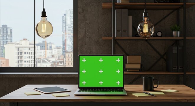Laptop with a green screen sits on a wooden desk with a city view through a window, accompanied by a tablet, coffee mug, and sticky notes.