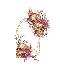 Burgundy roses, buds, pink leaves, dry branches and human skulls watercolor illustration. Gothic design with golden geometric frame for Halloween. Suitable for vintage templates, border, outline,
