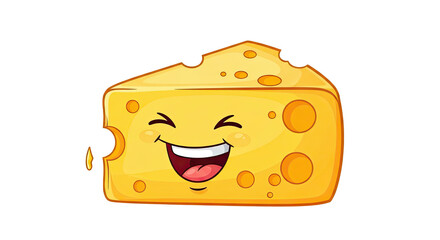 A cartoon cheese wedge with a happy face and a bite taken out on a black background illustration