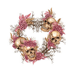 Dark floral wreath in heart shape with skulls, dry branches, roses, feathers and leaves. Hand drawn watercolor composition. Isolated from background. Perfect for Halloween, rituals or gothic design.