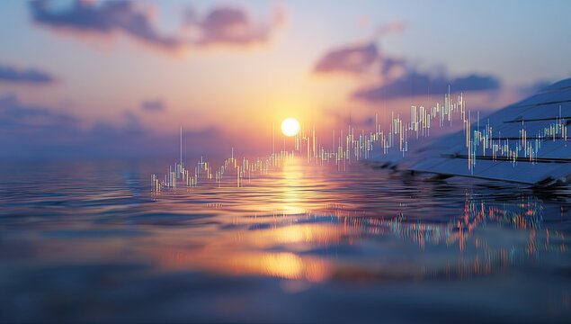 Sunset over water with floating charts