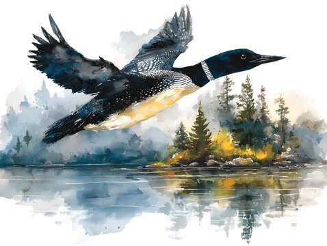 A common loon soars over a misty lake with forested islands in a beautiful watercolor illustration art.